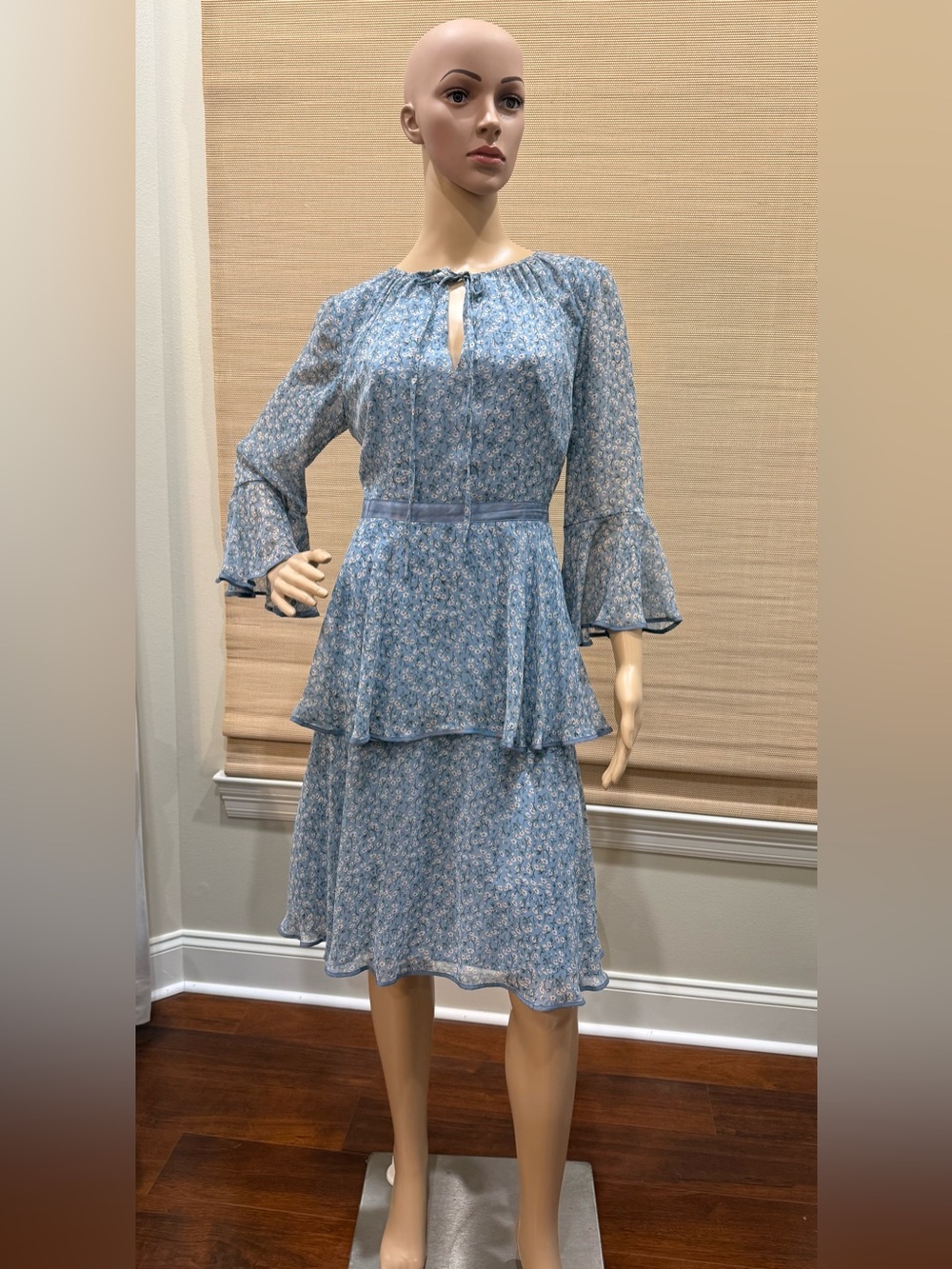 Mikael Aghal Powder Blue Floral Tiered Dress With 3/4 Sheer Sleeves.